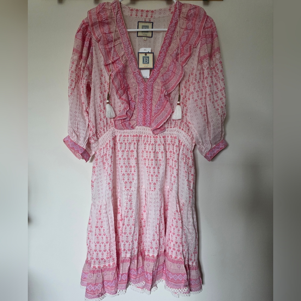 Bell Rain‎ Light Past pink Multi Puff Sleeve Mini Dress Silk Sz Large - Picture 5 of 12